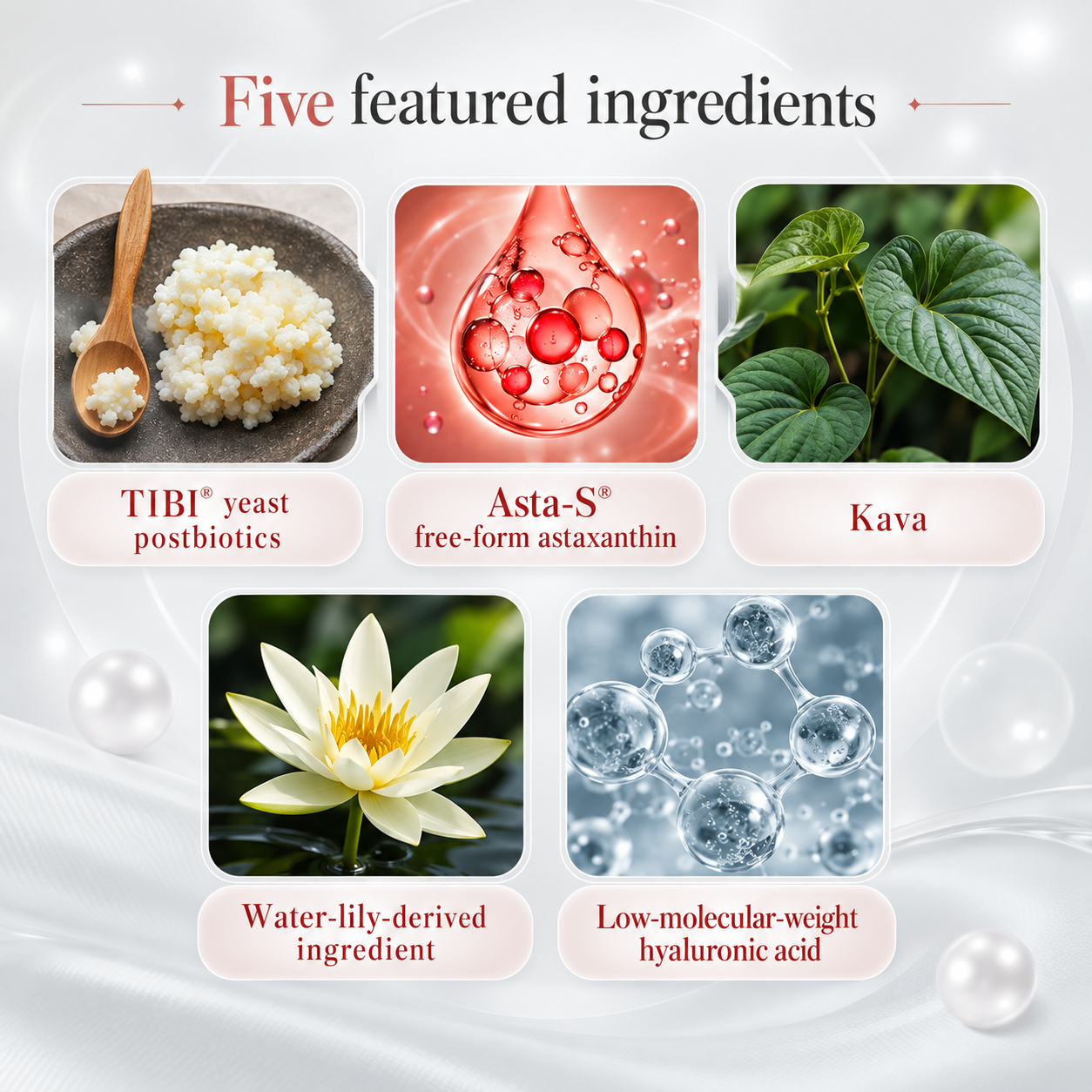 English visual guide to the eye mask's five featured ingredients: TIBI postbiotics, Asta-S astaxanthin, kava, a water-lily-derived ingredient and hyaluronic acid