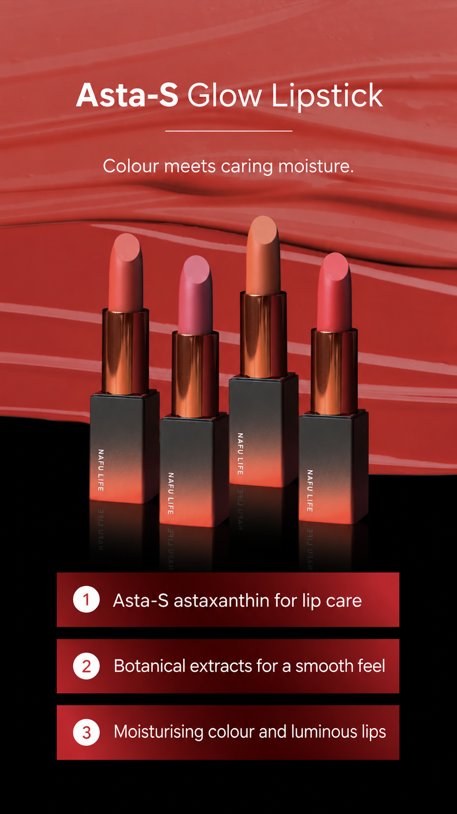 Translated Asta-S Glow Lipstick benefits graphic