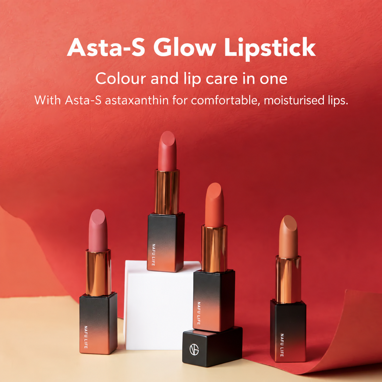 English Asta-S Glow Lipstick visual showing colour and lip care with Asta-S astaxanthin