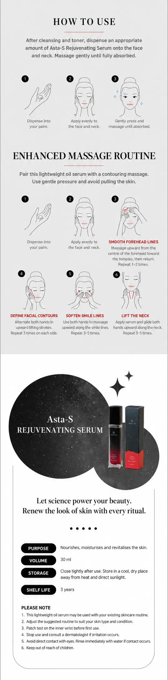 English Asta-S Rejuvenating Serum application and enhanced massage guide with product details and care notes