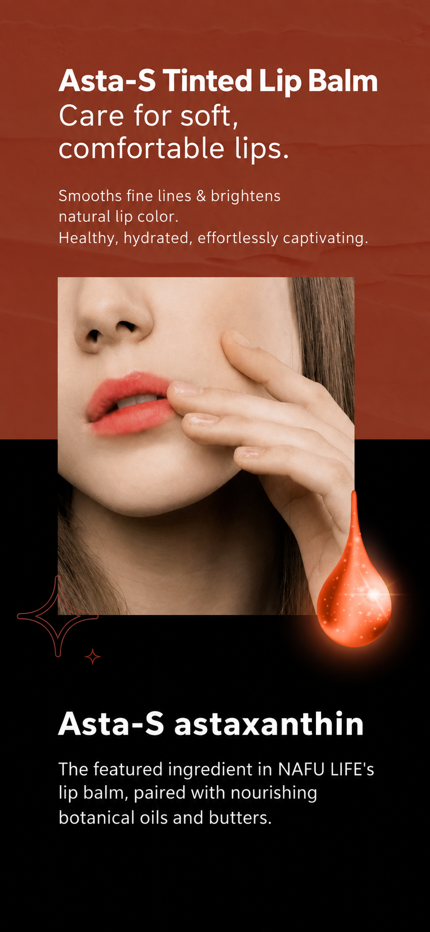 English Asta-S Tinted Lip Balm visual with lip care benefits