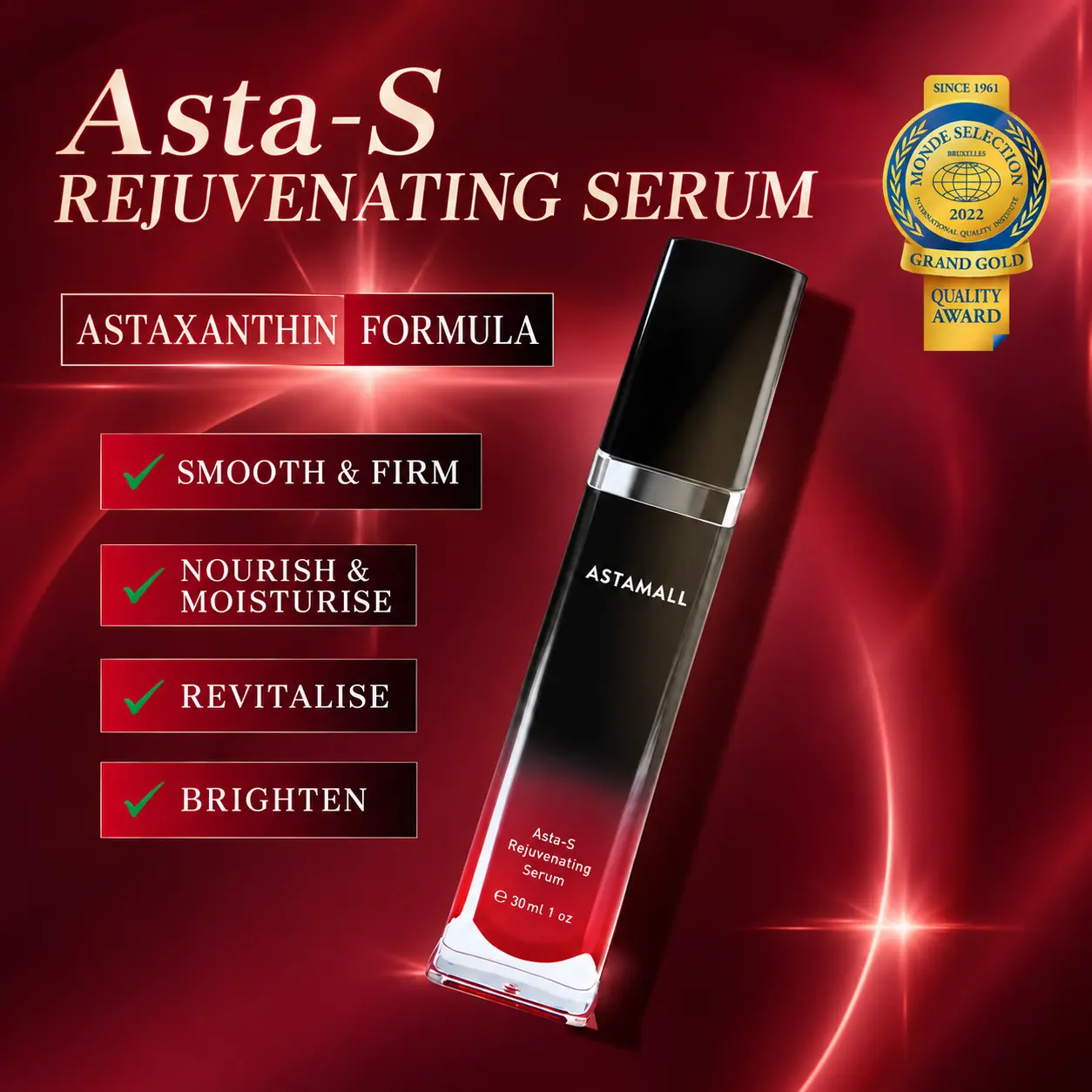 ASTAMALL Asta-S Rejuvenating Serum promotional image with English benefits on a deep maroon background