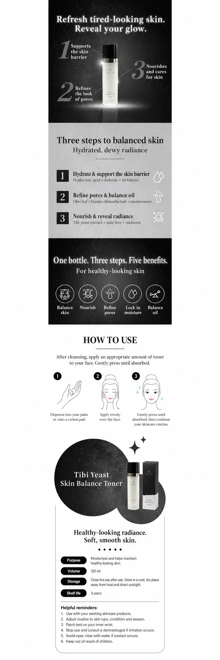 Complete English visual guide to Tibi Yeast toner benefits, formula, application and care