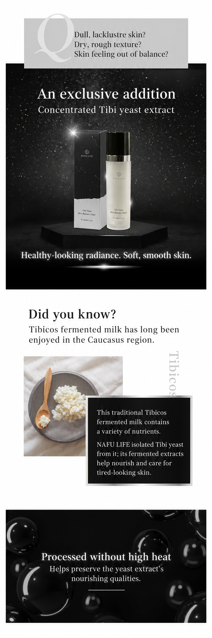 English Tibi Yeast toner story graphic with product photograph, Tibicos fermented milk background and no-high-heat processing claim